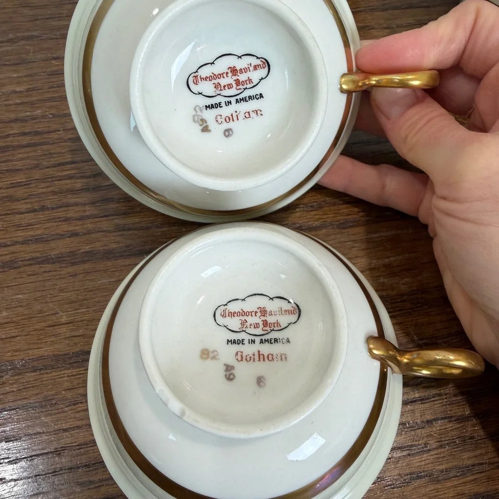 Theodore Haviland New York Gotham Teacups Set of 6 Gold Trim‎ Vintage Porcelain